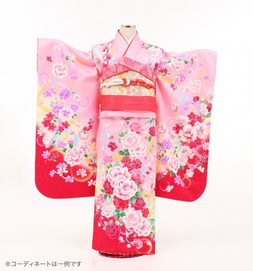 子供きもの　四ツ身帯セット　牡丹と薔薇　ピンク/赤