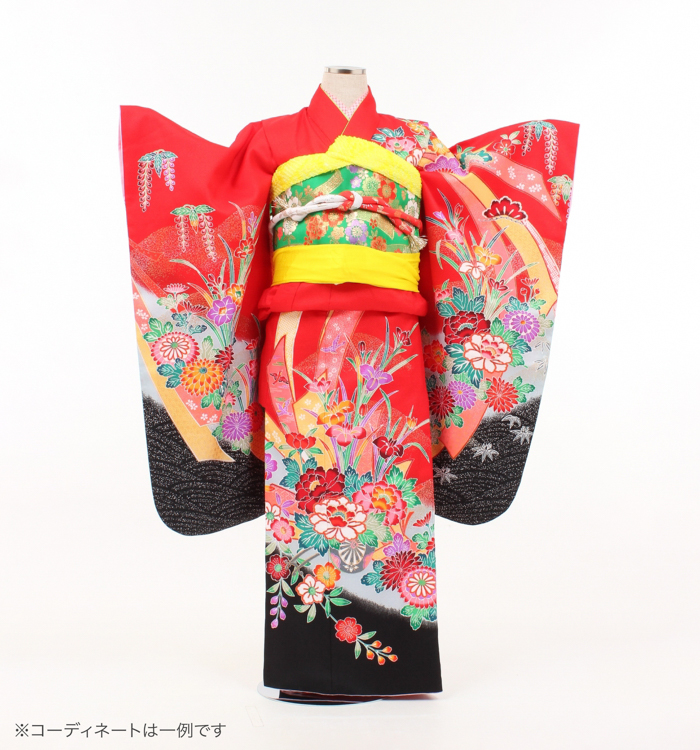 子供きもの　四ツ身帯セット　四季花　朱赤