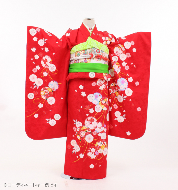 子供きもの　四ツ身帯セット　手鞠に桜　赤