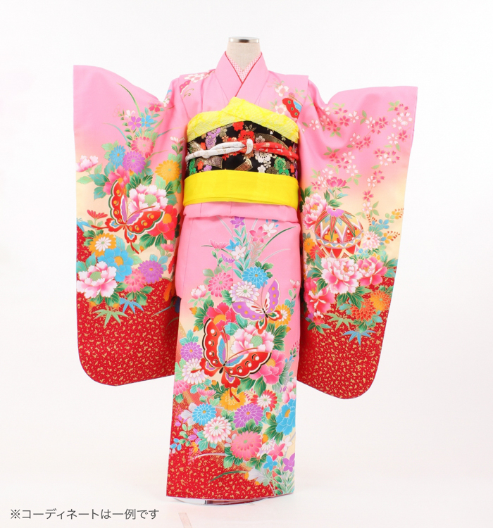 子供きもの　四ツ身帯セット　お花畑に蝶々　ピンク