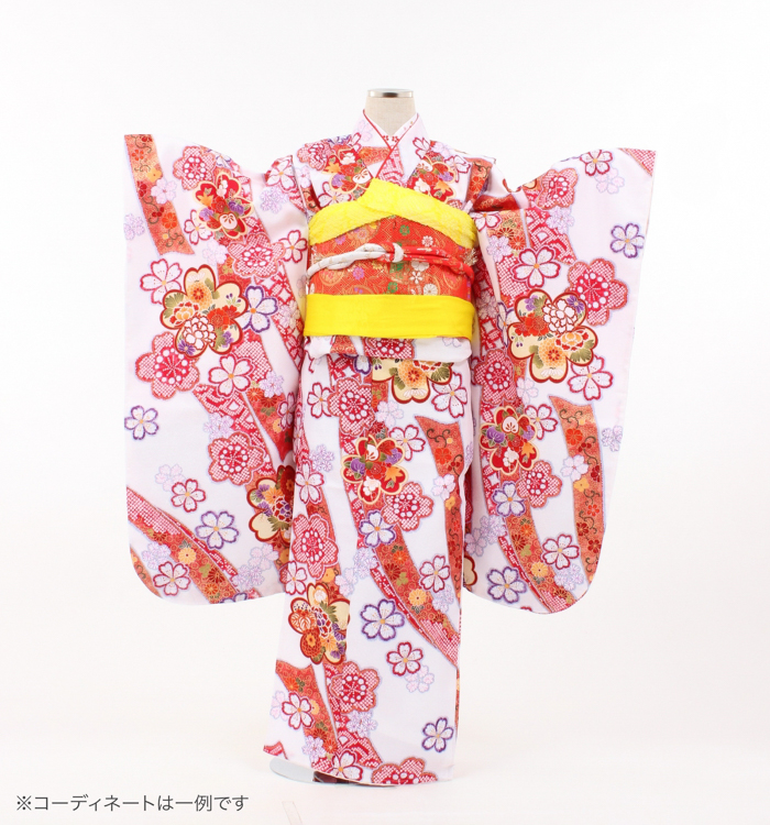 子供きもの　四ツ身帯セット　束ね熨斗に桜　白