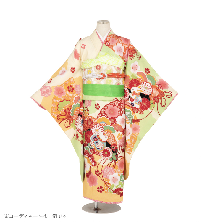 子供きもの　四ツ身帯セット　檜扇に松菊桜　クリーム/黄緑色
