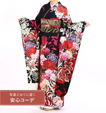 【写真どおりに届く安心コーデ】振袖レンタル　振袖Lサイズ　薔薇　黒/赤
