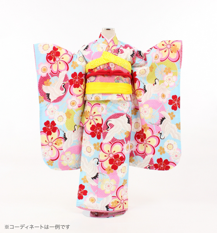 子供きもの　四ツ身帯セット　桜鶴　水色
