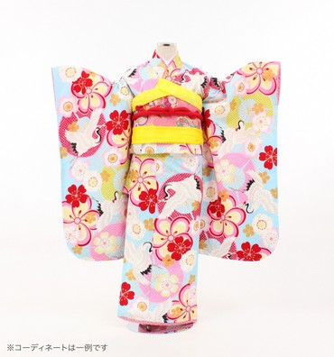 子供きもの　四ツ身帯セット　桜鶴　水色