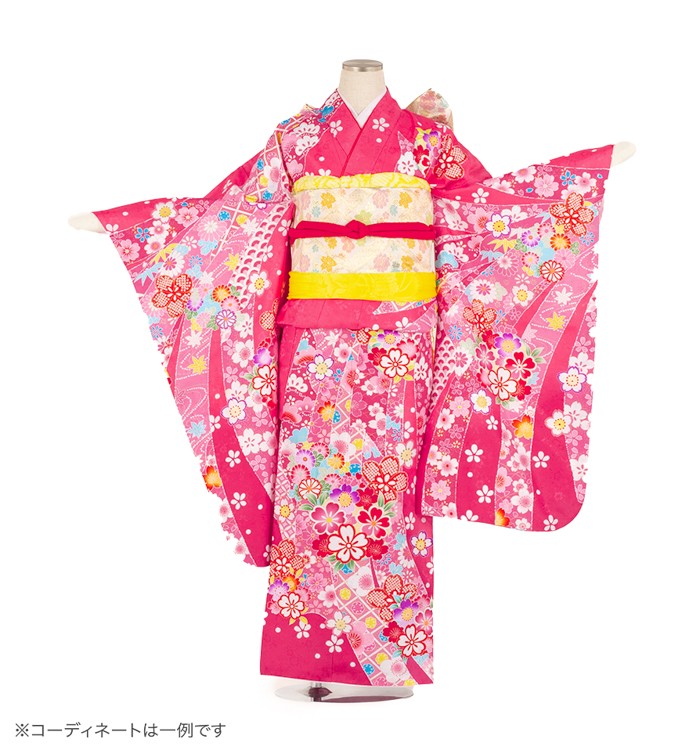 子供きもの　四ツ身帯セット　束ね熨斗に菊桜　濃ピンク
