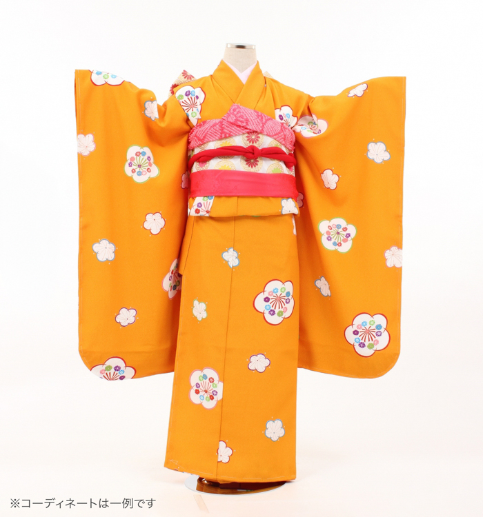 子供きもの　四ツ身帯セット　梅　山吹色