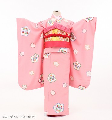 子供きもの　四ツ身帯セット　梅　ピンク