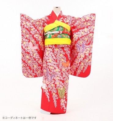 子供きもの　三ツ身帯セット　枝垂れ桜に蝶々　朱赤