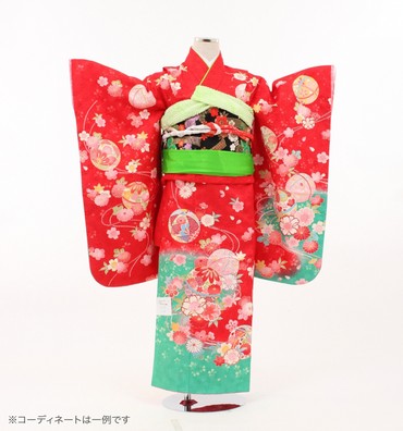 子供きもの　三ツ身帯セット　手鞠に桜　朱赤