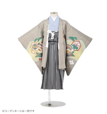 子供きもの　羽織着物袴セット　鷹に兜　グレー
