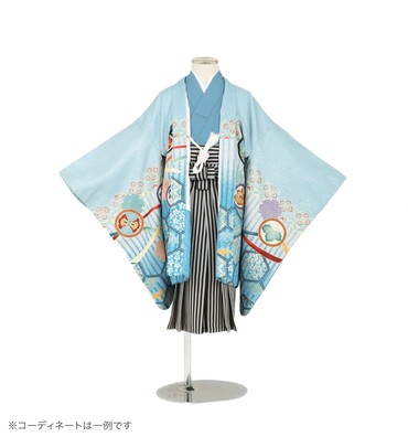 子供きもの　羽織着物袴セット　龍に兜　水色