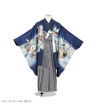 子供きもの　羽織着物袴セット　兜に竹菊　紺