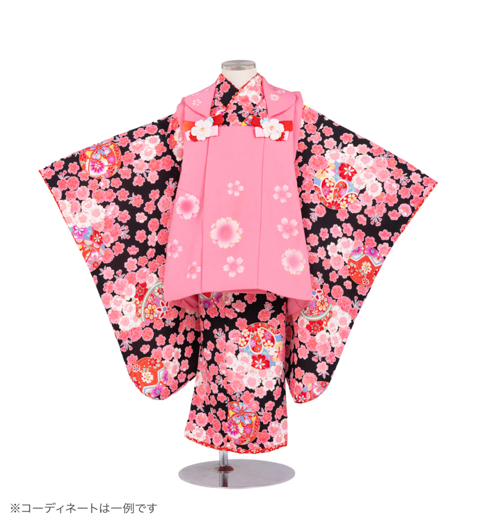 子供きもの　三ツ身被布セット　八重桜に手鞠　黒