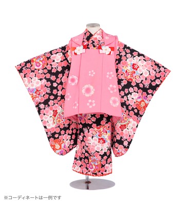 子供きもの　三ツ身被布セット　八重桜に手鞠　黒