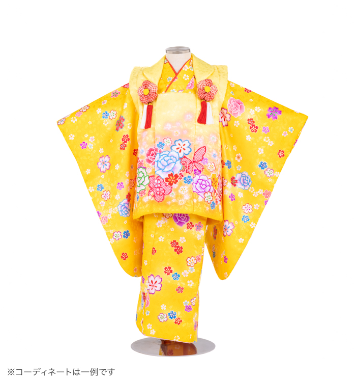 子供きもの　三ツ身被布セット　桜と薔薇　イエロー
