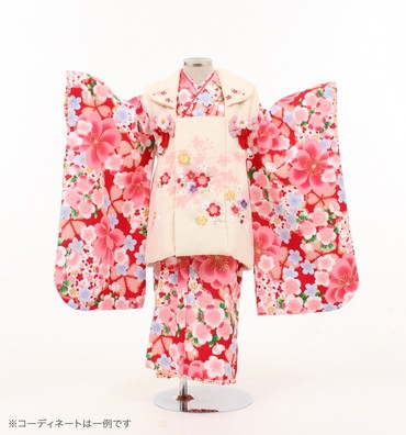 子供きもの　三ツ身被布セット　桜尽くし　赤