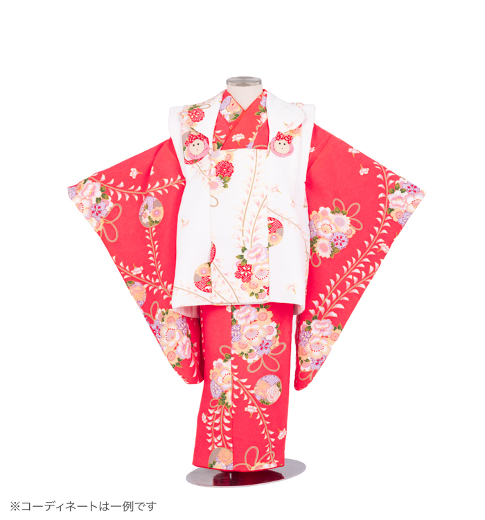 子供きもの　三ツ身被布セット　藤に花の丸　濃ピンク