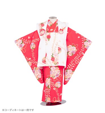 子供きもの　三ツ身被布セット　藤に花の丸　濃ピンク