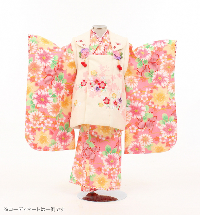 子供きもの　三ツ身被布セット　菊桜　サーモンピンク
