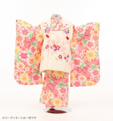 子供きもの　三ツ身被布セット　菊桜　サーモンピンク