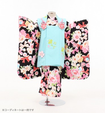 子供きもの　三ツ身被布セット　リボンと桜　黒