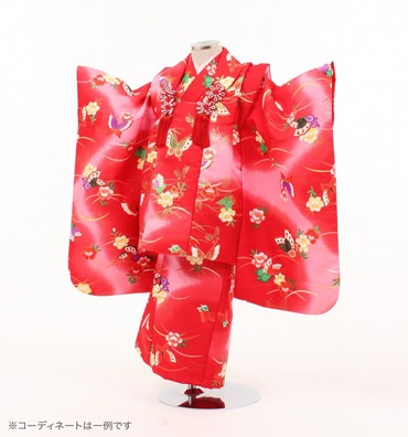 子供きもの　三ツ身被布セット　露芝に蝶々　赤