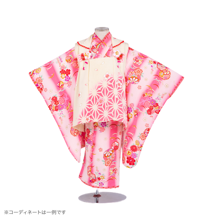 子供きもの　三ツ身被布セット　縞に露芝雪輪花　ピンク