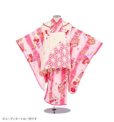 子供きもの　三ツ身被布セット　縞に露芝雪輪花　ピンク