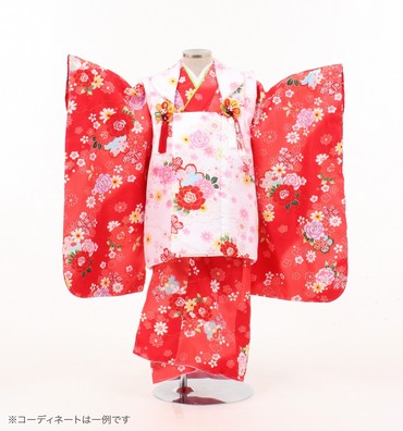 子供きもの　三ツ身被布セット　小花散し　朱赤