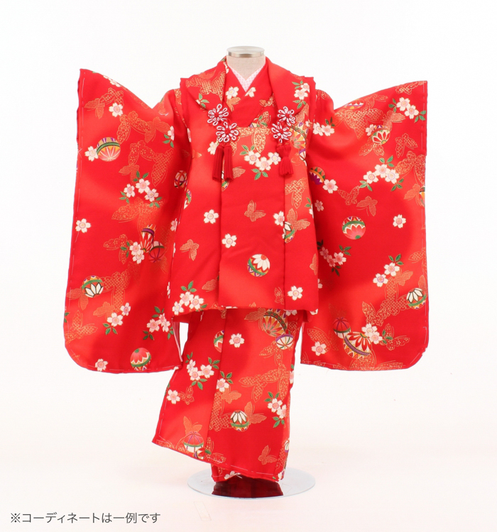 子供きもの　三ツ身被布セット　鞠に桜　朱赤