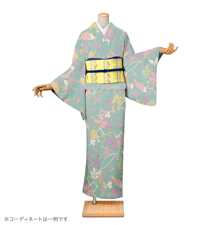 小紋レンタル　小紋Sサイズ　京友禅：輪郭草花　水色