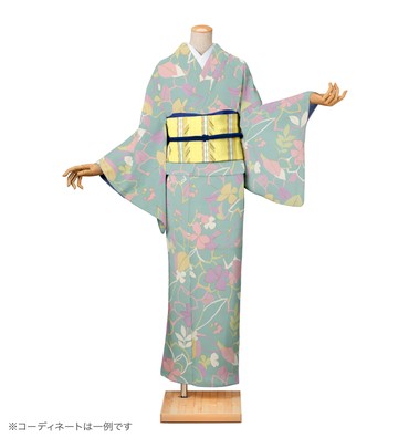 小紋レンタル　小紋Sサイズ　京友禅：輪郭草花　水色