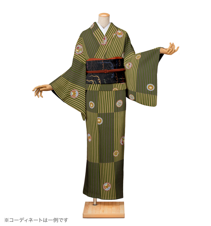 小紋レンタル　小紋Mサイズ　市松縞華文散し　濃深緑色