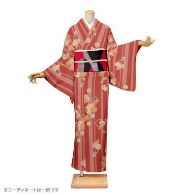 小紋レンタル　小紋Mサイズ　縞に小花　濃蘇芳色/遠州茶色