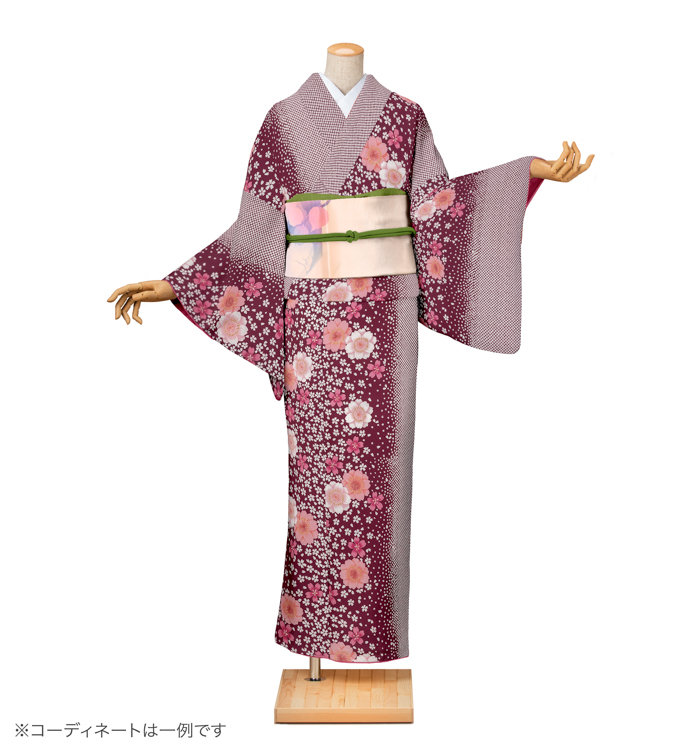 小紋レンタル　小紋Mサイズ　鹿の子に桜　濃暗紅色