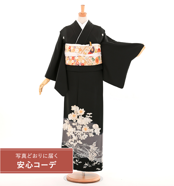 【写真どおりに届く安心コーデ】黒留袖レンタル　黒留袖Sサイズ　刺繍：菊と流水　五つ紋：桔梗