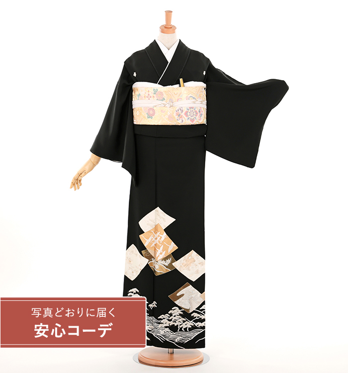 【写真どおりに届く安心コーデ】黒留袖レンタル　黒留袖Lサイズ　刺繍：色紙取に波松　五つ紋：桔梗
