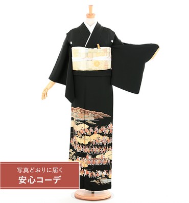 【写真どおりに届く安心コーデ】黒留袖レンタル　黒留袖Sサイズ　刺繍：大名行列　五つ紋：桔梗