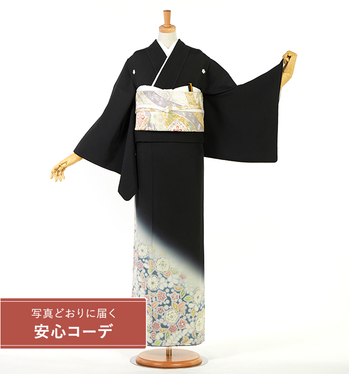 【写真どおりに届く安心コーデ】黒留袖レンタル　黒留袖MOサイズ　絞り：辻ヶ花文様　五つ紋：桔梗