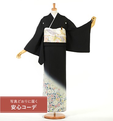 【写真どおりに届く安心コーデ】黒留袖レンタル　黒留袖MOサイズ　絞り：辻ヶ花文様　五つ紋：桔梗