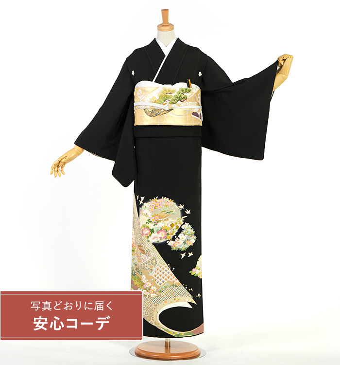 【写真どおりに届く安心コーデ】黒留袖レンタル　黒留袖Lサイズ　京友禅：吉祥花尽し　五つ紋：桔梗