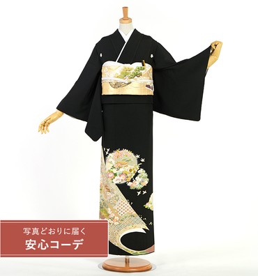 【写真どおりに届く安心コーデ】黒留袖レンタル　黒留袖Lサイズ　京友禅：吉祥花尽し　五つ紋：桔梗