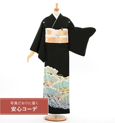 【写真どおりに届く安心コーデ】黒留袖レンタル　黒留袖Lサイズ　加賀友禅：山本みき　波と松　五つ紋：桔梗