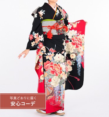 【写真どおりに届く安心コーデ】振袖レンタル　振袖Lサイズ　ブランド：きもの道楽　百花繚乱　黒/朱赤