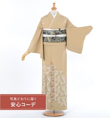 【写真どおりに届く安心コーデ】色留袖レンタル　色留袖LOサイズ　京刺繍：長艸敏明　唐鳥　薄黄土　五つ紋：桔梗