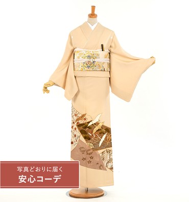 【写真どおりに届く安心コーデ】色留袖レンタル　色留袖Lサイズ　京友禅：光琳鶴　ベージュ　五つ紋：桔梗