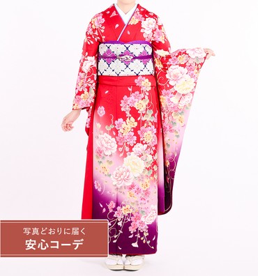 【写真どおりに届く安心コーデ】振袖レンタル　振袖Lサイズ　牡丹桜　赤/紫