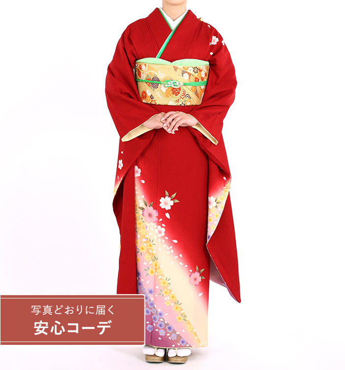 【写真どおりに届く安心コーデ】振袖レンタル　振袖Lサイズ　花文様　赤