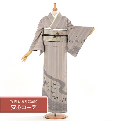 【写真どおりに届く安心コーデ】訪問着レンタル　訪問着新品　結城紬　絣：名物裂流水文　薄鼠